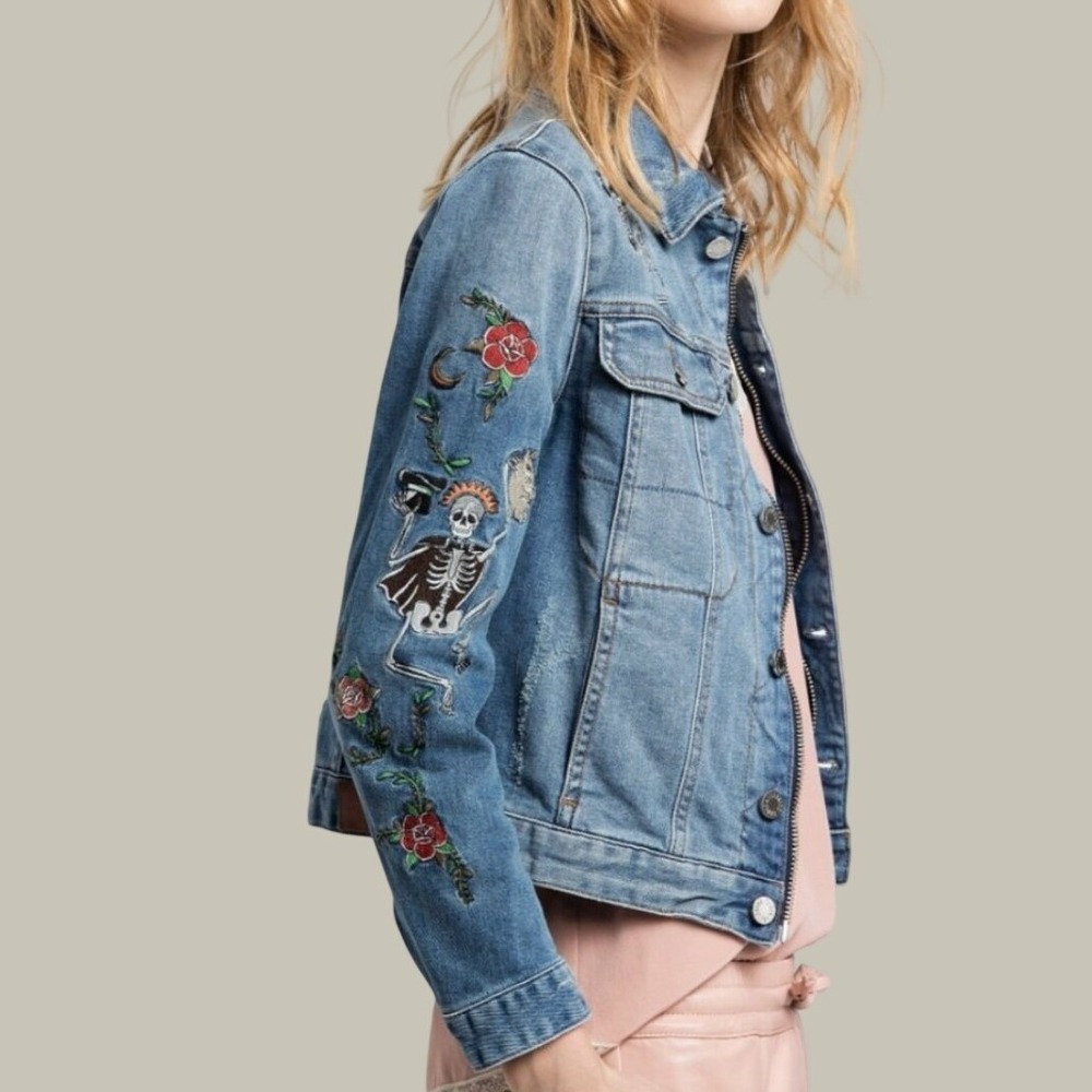 Zadig & Voltaire Zadig Kioky Embroidered Tattoo Denim Jacket Leopard Womens M - Picture 1 of 16